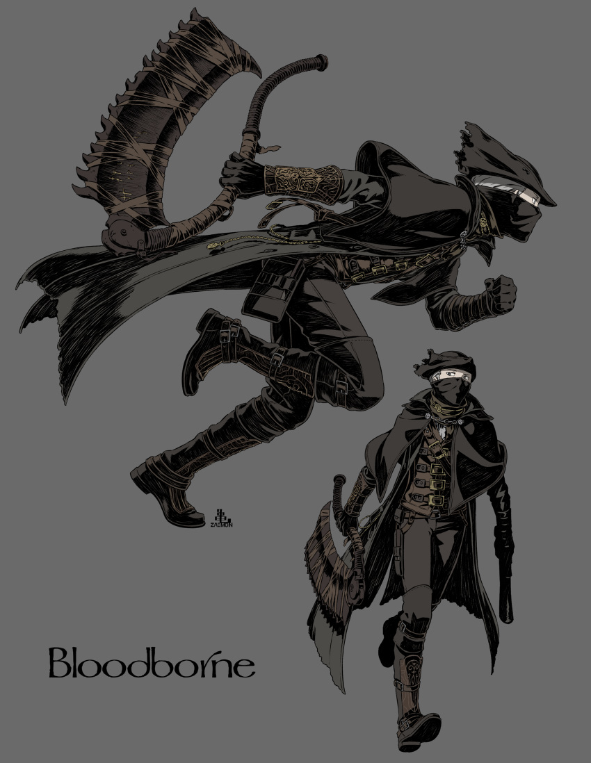 1boy absurdres arm_behind_back armored_boots arms_at_sides bent_over black_capelet black_footwear black_gloves black_headwear black_pants bloodborne boots brown_coat capelet clenched_hand coat commentary_request from_side full_body gloves grey_background grey_hair gun hat highres holding holding_gun holding_weapon hunter_(bloodborne) kamezaemon leg_up long_sleeves male_focus mask mouth_mask multiple_views pants running saw_cleaver short_hair simple_background tricorne very_short_hair weapon
