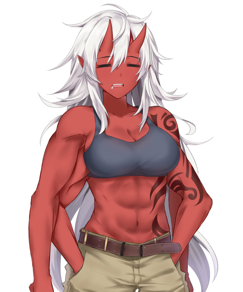 1girl abs absurdres akane_(existence) bare_arms belt black_tank_top breasts closed_eyes collarbone dinosaurus_(azimangasaurus) existence extra_arms game_cg hair_between_eyes hands_in_pockets highres horns large_breasts long_hair looking_at_viewer midriff monster_girl muscle muscular_female navel oni oni_horns open_mouth orange_eyes pants pocket pointy_ears red_oni red_skin saliva shirt sidelocks simple_background smile solo standing tank_top tattoo upper_body white_background white_hair