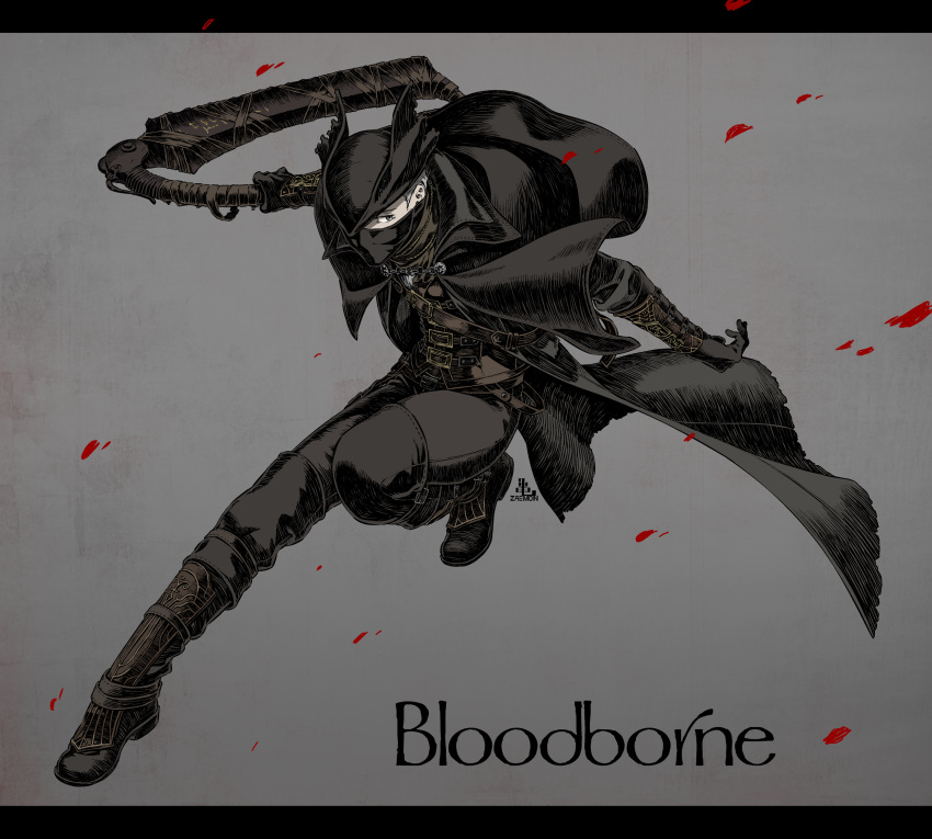 1boy belt black_capelet black_gloves blood bloodborne boots brown_belt brown_coat brown_eyes brown_footwear brown_pants capelet coat commentary_request copyright_name gloves grey_background grey_hair hat highres holding holding_weapon kamezaemon leg_up letterboxed looking_at_viewer male_focus mask mouth_mask outstretched_leg pants saw_cleaver short_hair signature solo tricorne very_short_hair weapon