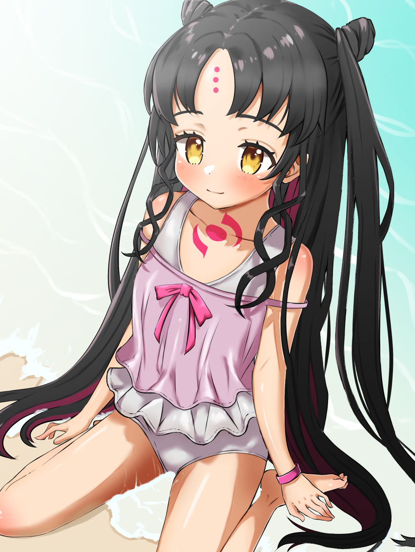 1girl absurdres barefoot beach black_hair blush brown_eyes camisole double_bun facial_mark fate/grand_order fate_(series) forehead_mark hair_bun highres legs long_hair ocean one-piece_swimsuit outdoors pink_camisole sasamiya_3338 sesshouin_kiara_(lily) sitting smile solo swimsuit thighs very_long_hair water white_swimsuit