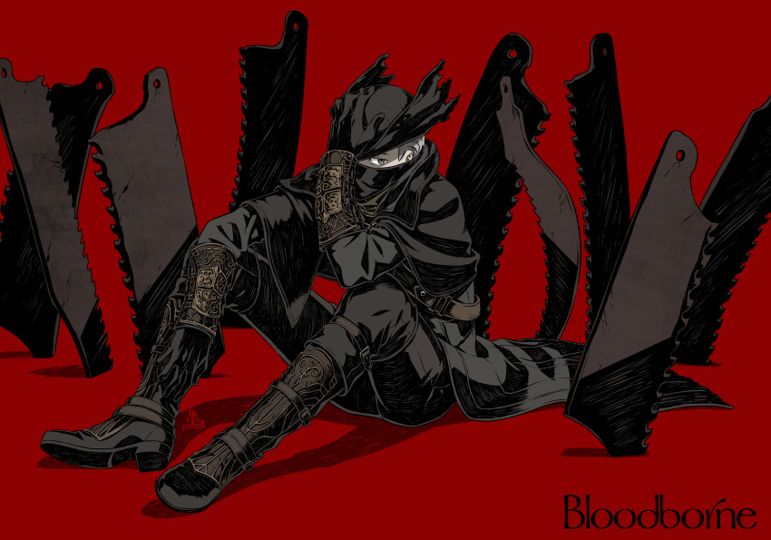 1boy black_capelet bloodborne boots broken broken_weapon brown_coat brown_footwear brown_gloves brown_pants capelet coat commentary_request copyright_name gloves grey_hair hand_on_headwear hat highres hunter_(bloodborne) kamezaemon knee_boots looking_at_viewer male_focus mask mouth_mask pants planted_weapon red_background saw_cleaver short_hair silhouette sitting solo tricorne very_short_hair weapon