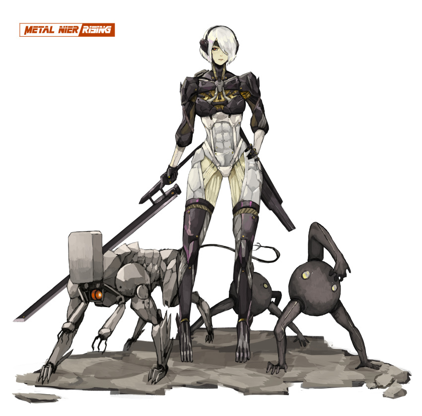 1girl abs absurdres bladewolf closed_mouth crossover cyborg hair_over_one_eye hand_on_hip highres holding holding_sword holding_weapon mole mole_under_mouth muscle nier_(series) nier_automata parody raiden red_eyes robot short_hair simple_background subakeye sword weapon white_background white_hair yorha_no._2_type_b
