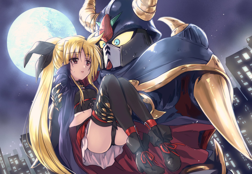 1girl bangs belt black_cape black_footwear black_legwear black_leotard black_ribbon black_sky blonde_hair boots cape carrying cityscape commentary_request crossover eyebrows_visible_through_hair fate_testarossa full_moon gundam hair_ribbon highres kuroi_mimei leotard light_smile long_hair looking_at_another lyrical_nanoha magical_girl mahou_shoujo_lyrical_nanoha moon night night_sky parted_lips pink_skirt princess_carry red_belt red_eyes ribbon satan_gundam sd_gundam skirt sky sweatdrop thigh-highs