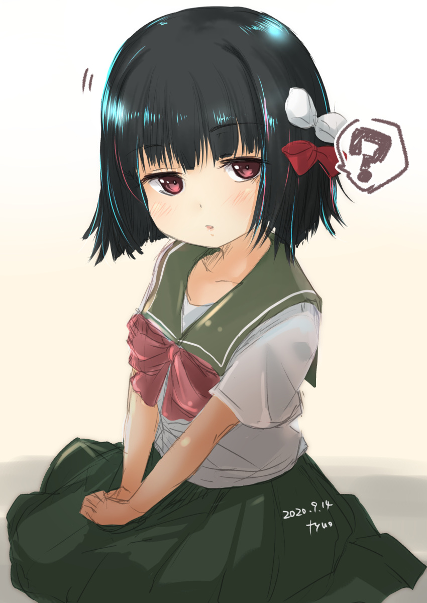 1girl ? adapted_costume black_hair fyuo green_sailor_collar green_skirt hair_ribbon highres ishigaki_(kantai_collection) kantai_collection looking_at_viewer neck_ribbon pleated_skirt red_neckwear red_ribbon ribbon sailor_collar school_uniform serafuku short_hair simple_background sitting skirt solo spoken_question_mark violet_eyes white_background white_ribbon yokozuwari