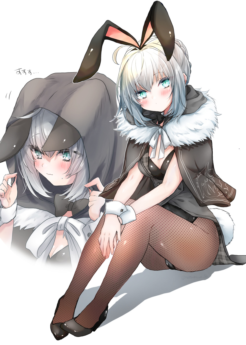 1girl ahoge animal_ears aqua_eyes blush bow bowtie bunny_tail bunnysuit fate_(series) fishnet_legwear fishnets gray_(lord_el-melloi_ii) grey_hair highres hood lord_el-melloi_ii_case_files rabbit_ears sitting tail touko_56 wrist_cuffs