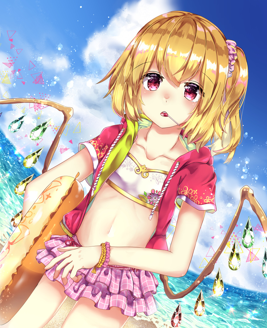 1girl absurdres alternate_costume beach candy chestnut_mouth clouds collarbone cowboy_shot crystal dutch_angle flandre_scarlet food food_in_mouth frilled_skirt frills hair_ornament hair_scrunchie highres holding holding_innertube hood hoodie innertube lollipop looking_at_viewer midriff miniskirt navel no_hat no_headwear ocean one_side_up open_clothes open_hoodie open_mouth outdoors plaid plaid_skirt red_eyes scrunchie short_hair short_sleeves side_ponytail skirt sky solo strapless thighs toku_kekakewanko touhou tubetop wings wrist_scrunchie wristband