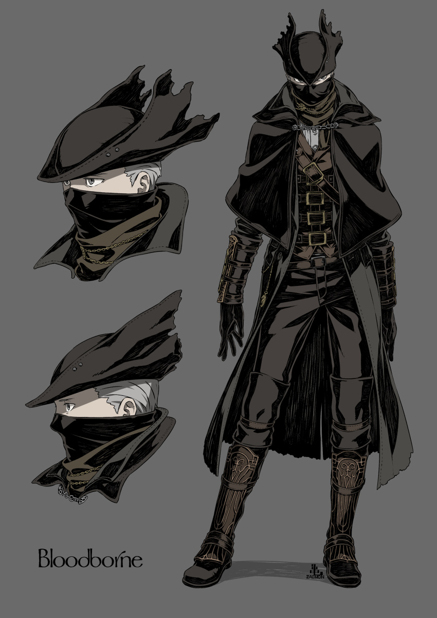 1boy absurdres armored_boots belt black_capelet black_gloves black_headwear bloodborne boots brown_belt brown_coat brown_footwear brown_pants capelet character_sheet coat commentary_request copyright_name full_body gloves grey_background grey_hair grey_shirt hat highres hunter_(bloodborne) kamezaemon knee_boots long_sleeves looking_at_viewer male_focus mask mouth_mask multiple_views pants profile shirt short_hair simple_background standing tricorne very_short_hair