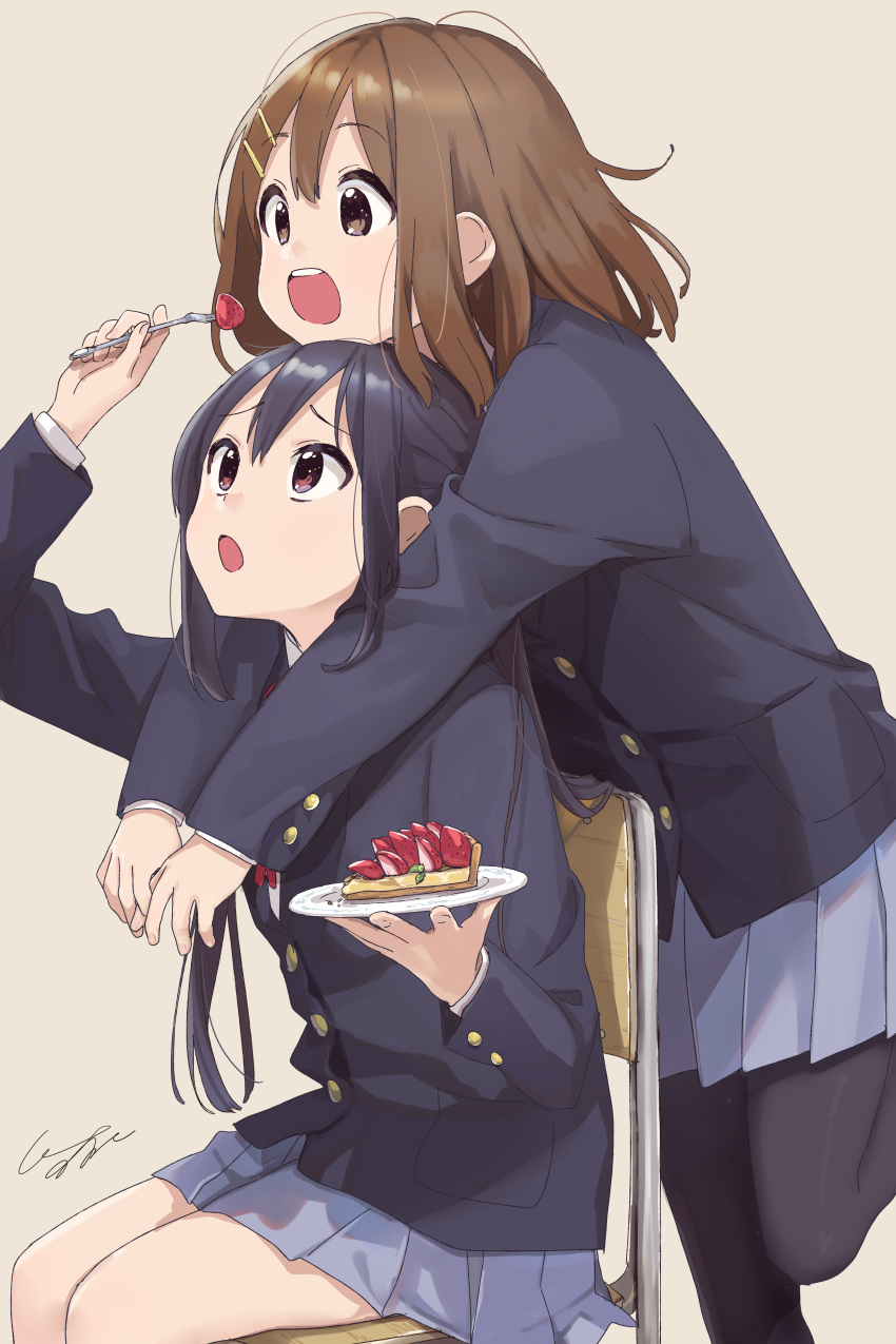 2girls :o absurdres arms_around_neck black_hair black_legwear blazer blue_jacket blue_skirt brown_eyes brown_hair chair commentary eyebrows_visible_through_hair feeding food fork fruit hair_ornament hairpin highres hirasawa_yui holding jacket k-on! leg_up long_hair looking_up multiple_girls nakano_azusa open_mouth pantyhose plate pomu school_uniform short_hair sidelocks signature simple_background sitting skirt strawberry tart_(food) twintails upper_teeth