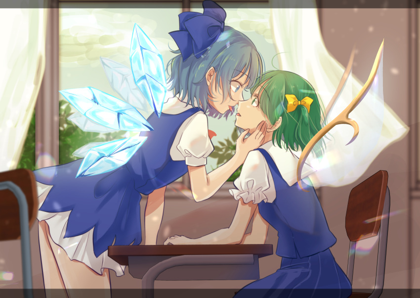 2girls absurdres arm_rest arm_up blue_dress blue_eyes blue_hair blue_skirt blue_vest blurry blurry_background bow chair chizoku_sawa cirno classroom clouds commentary_request cowboy_shot curtains daiyousei day desk dress eye_contact eyebrows_visible_through_hair fairy_wings from_side green_hair hair_bow hand_on_another's_face highres indoors leaning_forward looking_at_another multiple_girls one_side_up parted_lips pinafore_dress puffy_short_sleeves puffy_sleeves saliva saliva_trail school_desk shirt short_dress short_hair short_sleeves sitting skirt standing tongue tongue_out touhou vest white_shirt window wings yuri
