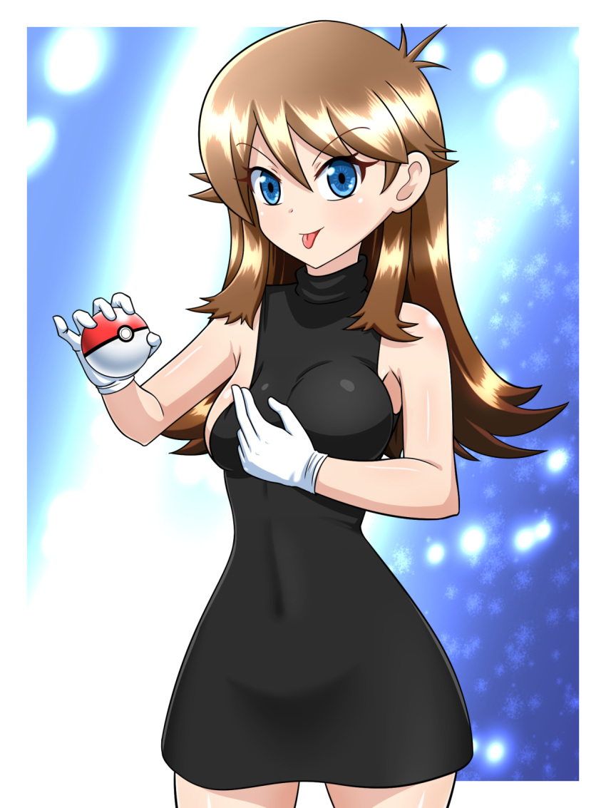 1girl :p black_dress black_hair blue_eyes breasts brown_hair covered_navel dress gloves green_(pokemon) groin highres holding long_hair looking_at_viewer poke_ball pokemon pokemon_adventures short_dress skirt sleeveless sleeveless_dress smile solo tongue tongue_out white_gloves yensh