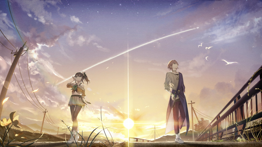 1boy 1girl absurdres arm_at_side boots bracelet brown_hair choker closed_mouth clouds cloudy_sky flower full_body hair_between_eyes hair_ornament highres hololive holostars horizon hotechige jacket jewelry landscape long_hair looking_to_the_side midriff natsuiro_matsuri navel necklace official_art outdoors pants pantyhose rikka_(holostars) road scenery shoes side_ponytail skirt sky standing street sunlight sweater tree virtual_youtuber walking white_footwear white_skirt
