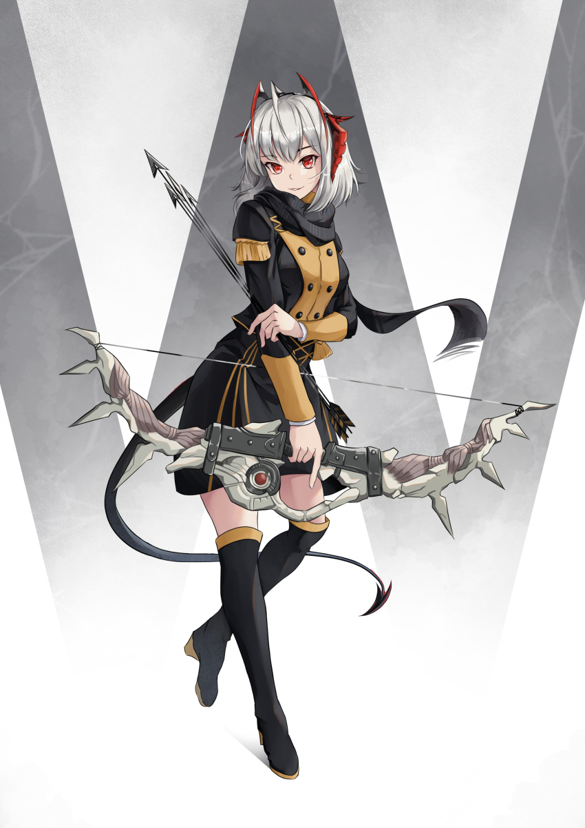 1girl absurdres ahoge antennae arknights arrow_(projectile) bangs black_footwear black_jacket black_scarf black_skirt boots bow_(weapon) commentary failnaught_(fire_emblem) fire_emblem fire_emblem:_three_houses full_body garreg_mach_monastery_uniform head_tilt highres holding holding_arrow holding_bow_(weapon) holding_weapon horns jacket long_sleeves looking_at_viewer miniskirt parted_lips red_eyes scarf short_hair silver_hair skirt skirt_set smile solo tail tao_(t_a_o) w_(arknights) weapon
