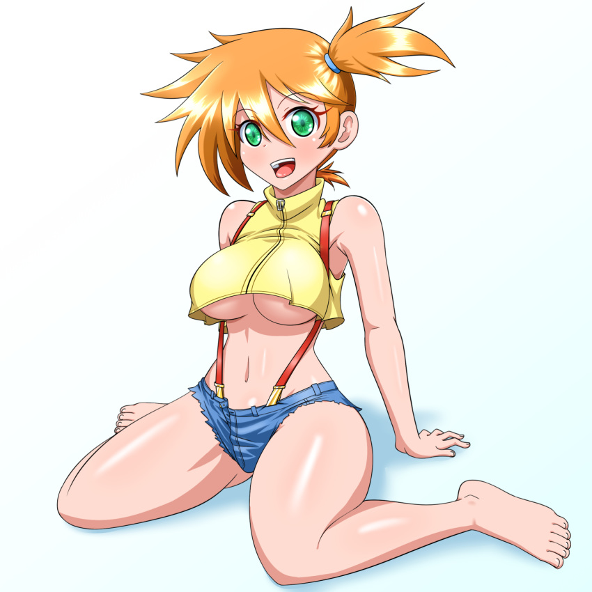 1girl barefoot breasts green_eyes gym_leader highres looking_at_viewer midriff misty_(pokemon) navel open_mouth orange_hair pokemon pokemon:_the_electric_tale_of_pikachu short_hair shorts side_ponytail simple_background smile solo suspenders under_boob yensh