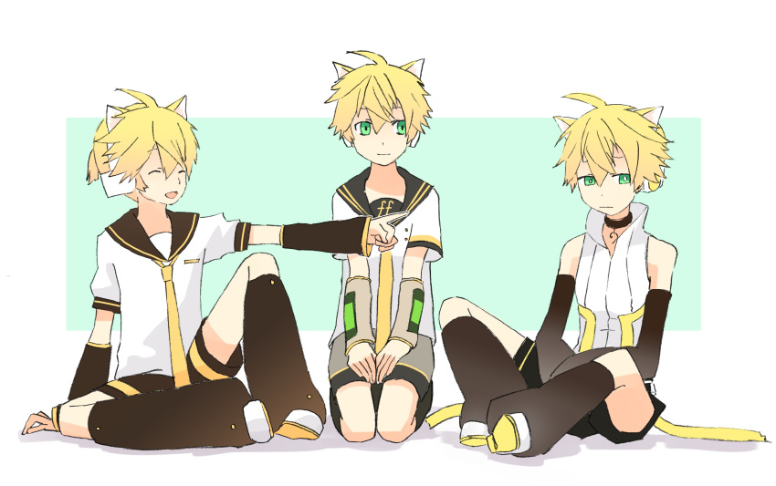 3boys animal_ears arm_support arm_warmers bare_shoulders bass_clef belt black_collar black_shorts black_sleeves blonde_hair cat_ears collar commentary d_futagosaikyou detached_sleeves fortissimo frown green_eyes grey_sleeves hands_on_lap headphones highres kagamine_len kagamine_len_(append) kagamine_len_(vocaloid4) knee_up leg_warmers light_smile looking_away male_focus multiple_boys multiple_persona necktie open_mouth outstretched_arm pointing_at_another sailor_collar school_uniform seiza shirt short_ponytail short_sleeves shorts sitting sleeveless sleeveless_shirt smile spiky_hair vocaloid vocaloid_append white_footwear white_shirt yellow_neckwear