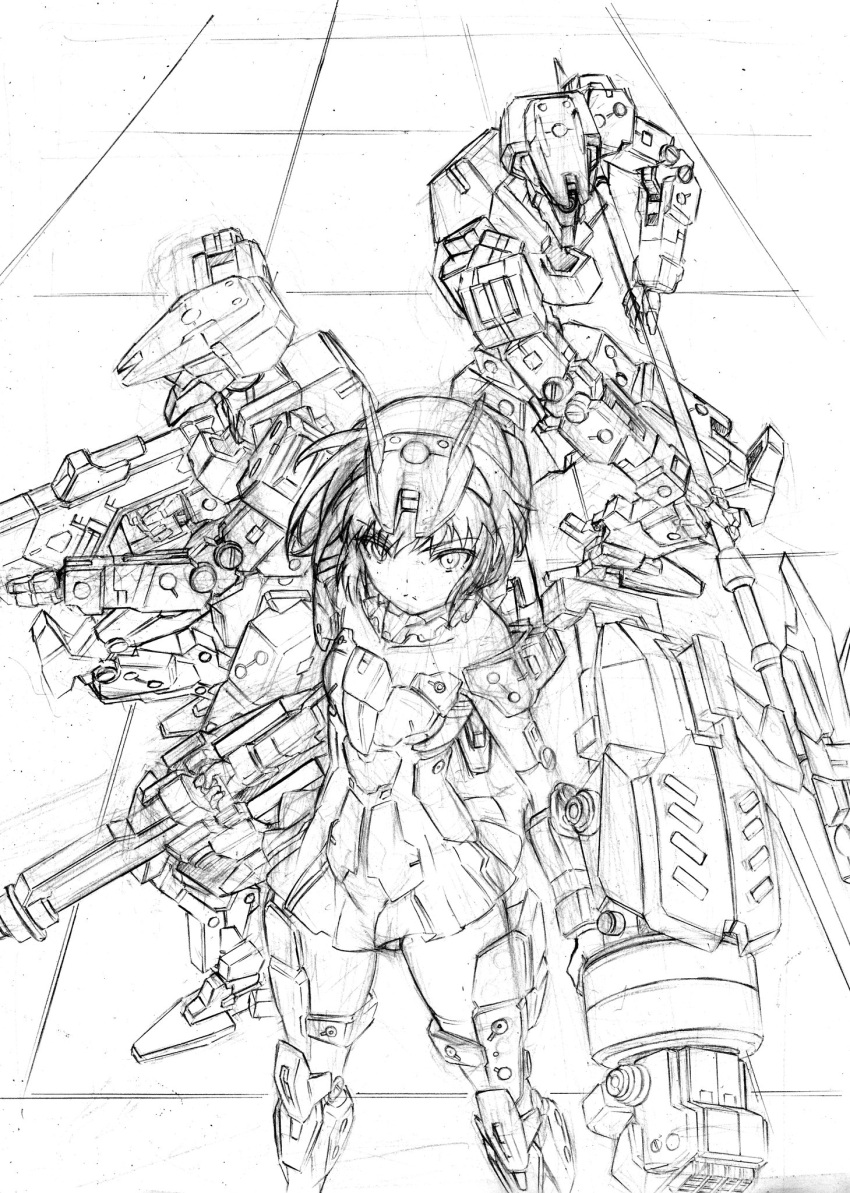 1girl architect_(frame_arms) architect_(frame_arms_girl) bare_shoulders commentary_request detached_collar elbow_gloves frame_arms frame_arms_girl gloves graphite_(medium) gun headgear highres kumichou_(ef65-1118-ef81-95) long_hair looking_at_viewer mecha mecha_musume microskirt pile_bunker polearm power_fist sketch skirt thigh-highs thighs tile_floor tiles traditional_media weapon