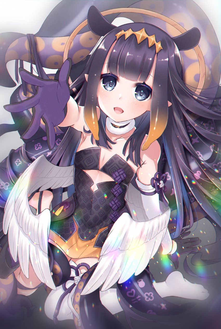 1girl :d arm_support bangs bare_shoulders black_dress black_gloves blue_eyes blunt_bangs breasts collar detached_sleeves dress feathered_wings gloves halo headpiece highres hololive hololive_english kneeling ko_yu long_hair looking_at_viewer low_wings ninomae_ina'nis open_mouth outstretched_arm pointy_ears purple_hair sidelocks small_breasts smile solo strapless strapless_dress tentacle_hair tentacles thigh-highs very_long_hair virtual_youtuber white_legwear white_wings wings