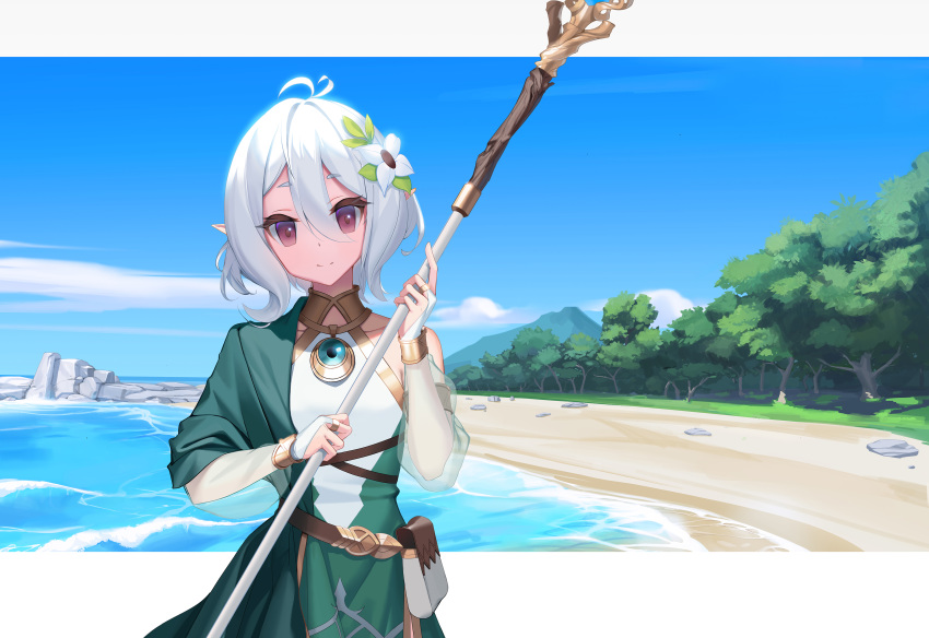 1girl absurdres acid_g antenna_hair beach blue_sky closed_mouth clouds detached_sleeves flower hair_between_eyes hair_flower hair_ornament highres holding holding_staff kokkoro_(princess_connect!) looking_at_viewer ocean outdoors pointy_ears princess_connect! princess_connect!_re:dive red_eyes sand see-through_sleeves short_hair sky smile solo staff white_hair