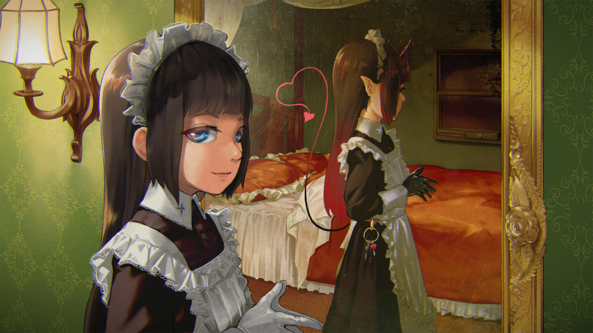 apron bed blue_eyes brown_hair demon_girl doppelganger highres hiko_(hiko224556) horns indoors long_hair maid maid_apron maid_dress maid_headdress mirror mirror_image multicolored_hair original pointy_ears redhead tail