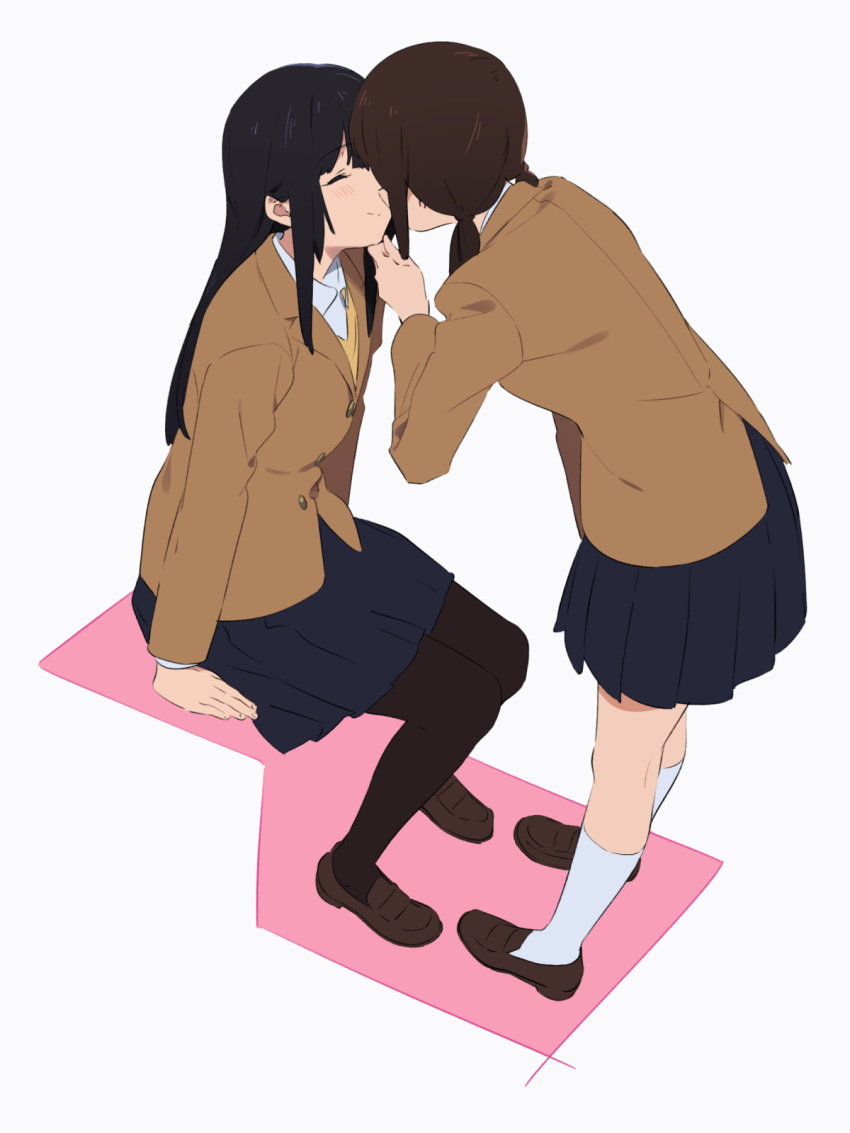 2girls ^_^ black_hair blazer blue_skirt brown_hair brown_jacket closed_eyes commentary_request hand_on_another's_chin hidden_face highres imminent_kiss jacket kamo_kamen low_twintails multiple_girls original pleated_skirt school_uniform skirt twintails yuri