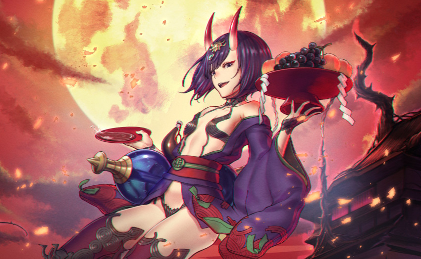 1girl bangs bare_shoulders bob_cut breasts collarbone cup eyeliner fate/grand_order fate_(series) food fruit fruit_bowl full_moon gourd grapes headpiece highres horns japanese_clothes kimono long_sleeves looking_at_viewer makeup moon mugetsu2501 obi oni oni_horns open_mouth peach purple_hair purple_kimono red_sky revealing_clothes sakazuki sash short_hair shuten_douji_(fate/grand_order) skin-covered_horns sky small_breasts smile thighs violet_eyes wide_sleeves