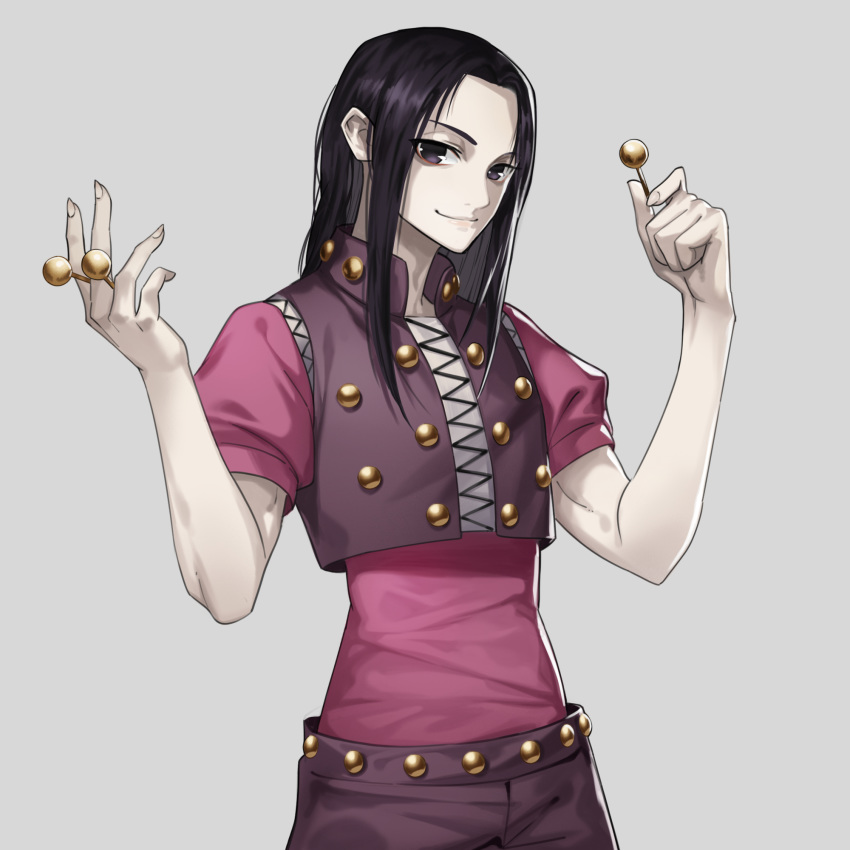 1boy androgynous bangs black_eyes black_hair candy closed_mouth commentary_request crop_top food grey_background hands_up highres himmel_(allsky83) holding holding_candy holding_food holding_lollipop hunter_x_hunter illumi_zoldyck lollipop long_hair looking_at_viewer male_focus pale_skin parted_bangs pink_shirt puffy_short_sleeves puffy_sleeves shirt short_sleeves simple_background smile solo upper_body