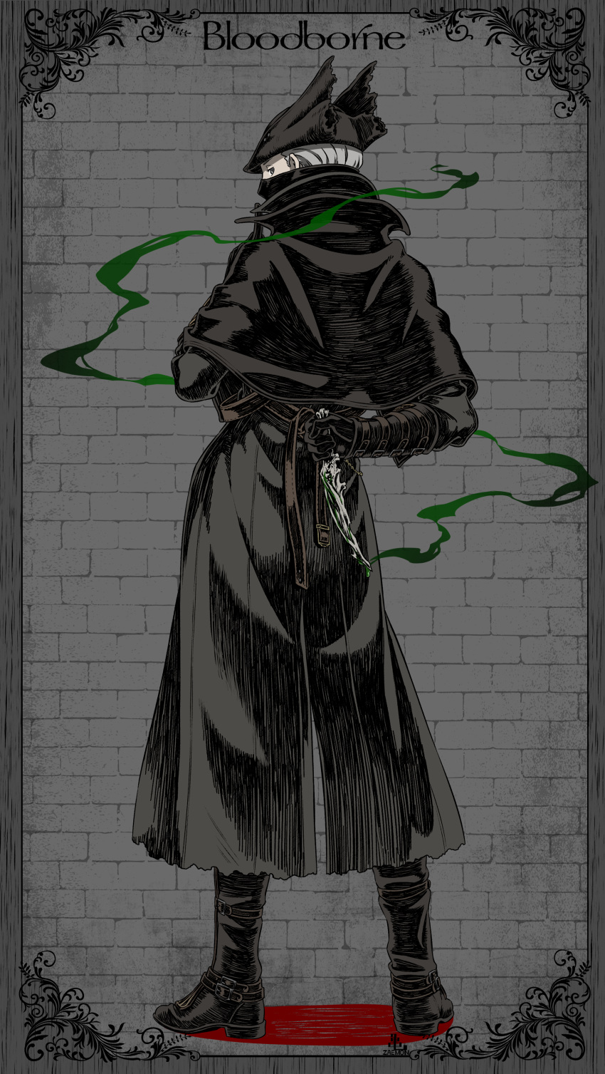 absurdres arm_behind_back black_capelet black_coat black_gloves black_headwear blood bloodborne boots border brick_wall brown_footwear capelet coat commentary_request copyright_name facing_away finger_to_mouth from_behind full_body gloves grey_border grey_hair highres holding holding_knife hunter_(bloodborne) kamezaemon knee_boots knife male_focus short_hair shushing smoke solo standing very_short_hair
