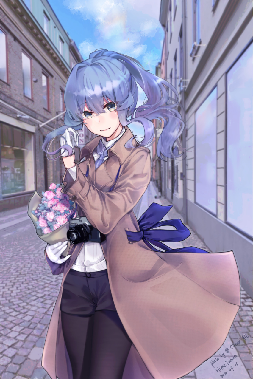 1girl alternate_costume black_legwear blue_eyes blue_hair blue_sky bouquet brown_coat building camera city clouds cloudy_sky coat eyebrows_visible_through_hair flower gloves gotland_(kantai_collection) hair_between_eyes hair_bun half_gloves highres himeyamato jacket kantai_collection long_hair looking_at_viewer mole mole_under_eye neck_ribbon outdoors pantyhose pavement ribbon road sack shirt sky smile solo street town walking white_gloves white_shirt