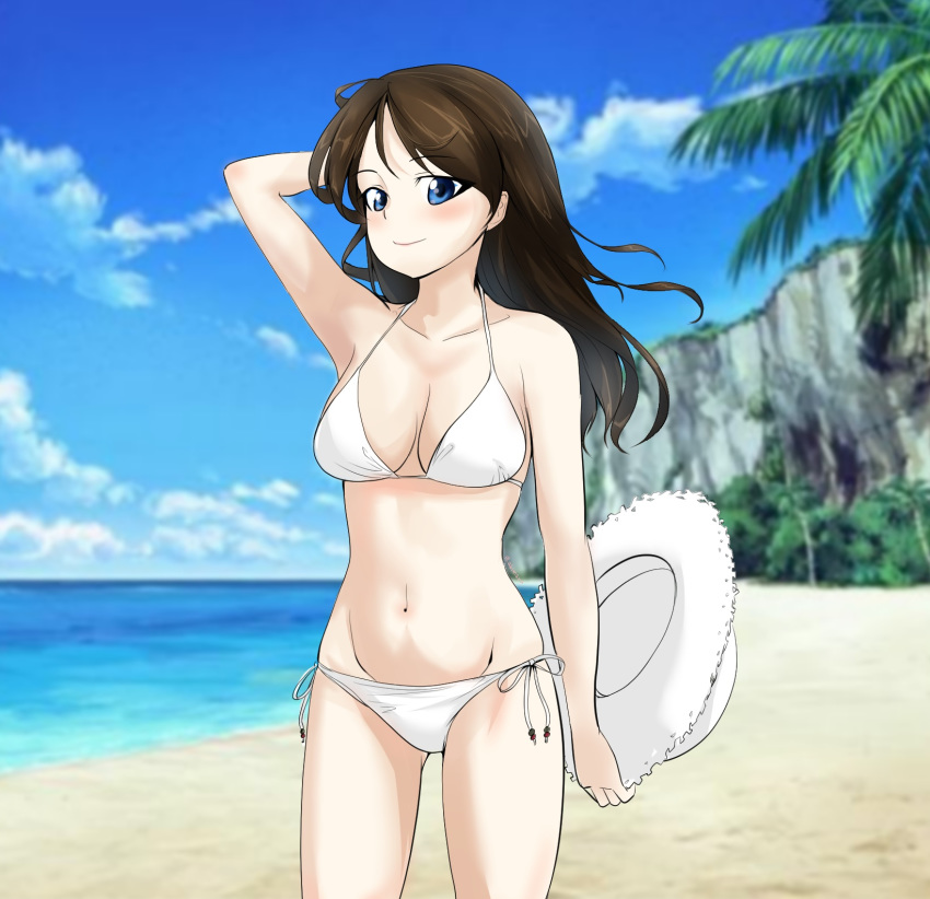 1girl abimaru_gup arm_behind_head arm_up bangs beach bikini black_hair blue_eyes blue_sky blurry blurry_background breasts cliff closed_mouth clouds cloudy_sky day depth_of_field girls_und_panzer groin hat highres holding holding_clothes holding_hat long_hair looking_at_viewer medium_breasts navel nonna_(girls_und_panzer) ocean outdoors palm_tree side-tie_bikini sky smile solo standing straw_hat sun_hat swept_bangs swimsuit tree white_bikini wind