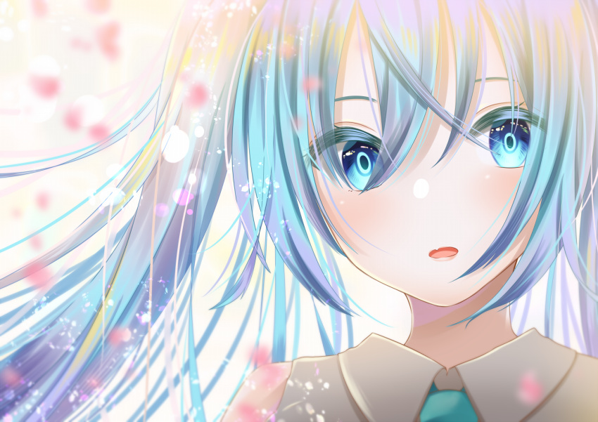 1girl aqua_eyes aqua_hair aqua_neckwear bare_shoulders blurry_foreground cherry_blossoms commentary fang grey_shirt hatsune_miku long_hair looking_at_viewer necktie open_mouth ponta_(poqpon) portrait shirt skin_fang twintails vocaloid