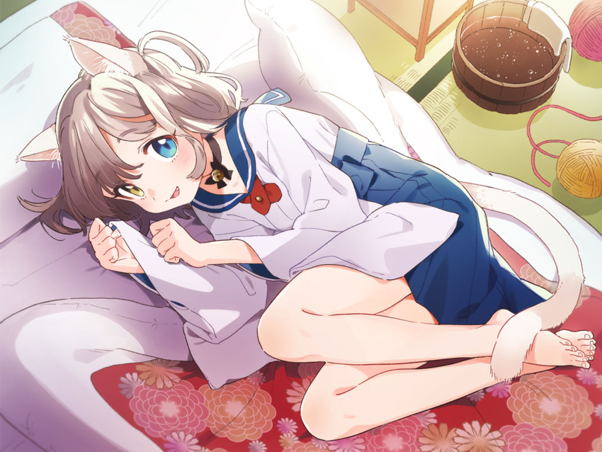 1girl animal_ears barefoot bell blue_eyes blue_skirt blush bucket buuta cat_ears cat_tail floral_print from_above full_body heterochromia highres indoors jingle_bell light_brown_hair looking_at_viewer lying necogurashi official_art on_bed on_side school_uniform serafuku shirt short_hair skirt smile solo tail tatami white_shirt wide_sleeves yarn yarn_ball