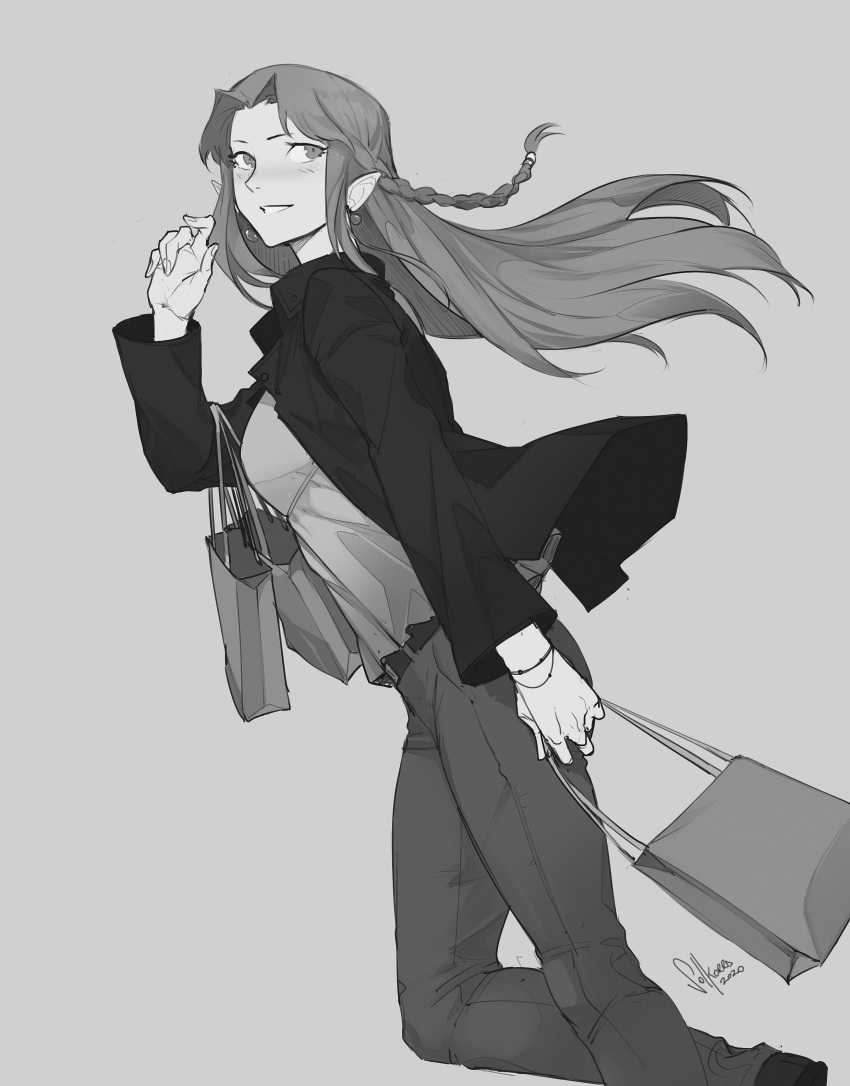 1girl absurdres alternate_costume bag belt blush bracelet carrying_bag caster contemporary dated dutch_angle earrings fate/grand_order fate_(series) feet_out_of_frame greyscale hair_intakes hand_up highres jacket jewelry long_hair long_sleeves looking_back monochrome parted_lips pointy_ears shopping_bag side_braids sidelocks signature smile sol_ferrari solo