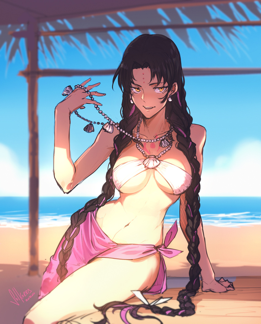 1girl arm_support bangs beach bikini black_hair blue_sky braid breasts chest_tattoo collarbone dated day earrings english_commentary facial_mark fate/extra fate/extra_ccc fate/grand_order fate_(series) forehead_mark highres jewelry large_breasts leaning_on_object long_hair looking_to_the_side multicolored_hair navel necklace outdoors parted_bangs parted_lips pearl_earrings pearl_necklace pink_hair pink_sarong sarong seashell_necklace sesshouin_kiara_(swimsuit_mooncancer)_(fate) signature sky sol_ferrari solo swimsuit tattoo twin_braids two-tone_hair v-shaped_eyebrows very_long_hair water white_bikini yellow_eyes