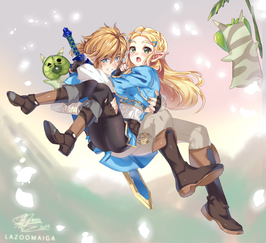 1boy 1girl bangs blonde_hair blue_eyes blush braid breasts carrying earrings gloves green_eyes jewelry lazoomaiga link long_hair nintendo open_mouth pointy_ears princess_carry princess_zelda smile the_legend_of_zelda the_legend_of_zelda:_breath_of_the_wild