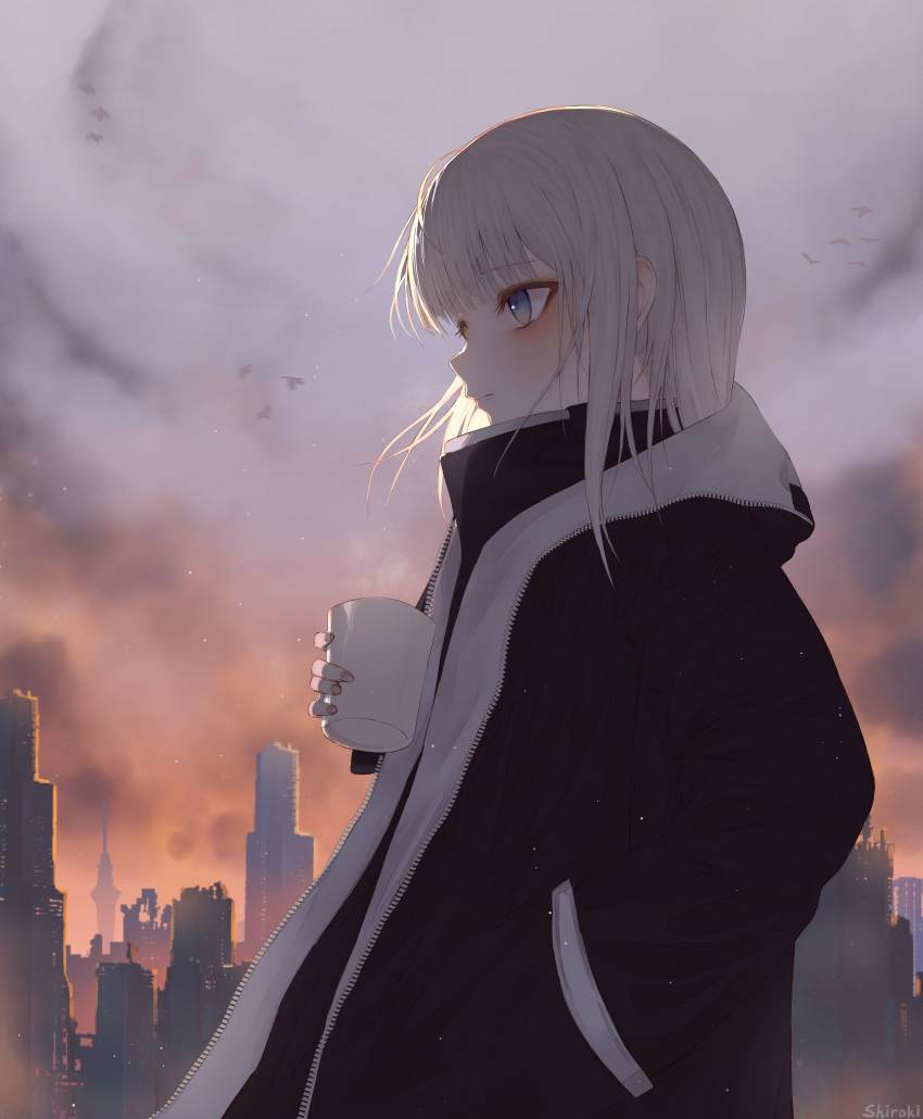 1girl absurdres alternate_costume alternate_hairstyle artist_name backlighting bangs bird black_jacket blue_eyes blush building city cityscape closed_mouth clouds cloudy_sky commentary_request cup eyebrows_visible_through_hair from_side hand_in_pocket high_collar highres holding holding_cup hood hood_down jacket kagura_mea kagura_mea_channel long_hair long_sleeves looking_away looking_to_the_side morning outdoors profile shiroki_tyuki signature silver_hair sky solo steam straight_hair two-tone_jacket upper_body virtual_youtuber zipper