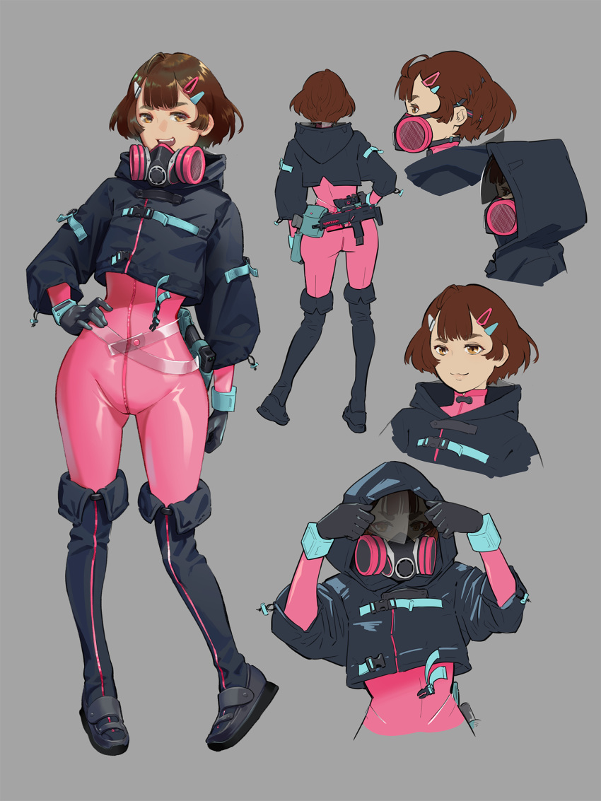 1girl bobby_pin bodysuit brown_eyes brown_hair gun highres hiko_(hiko224556) latex_bodysuit multiple_views original pink_bodysuit respirator shoes short_hair thigh-highs weapon