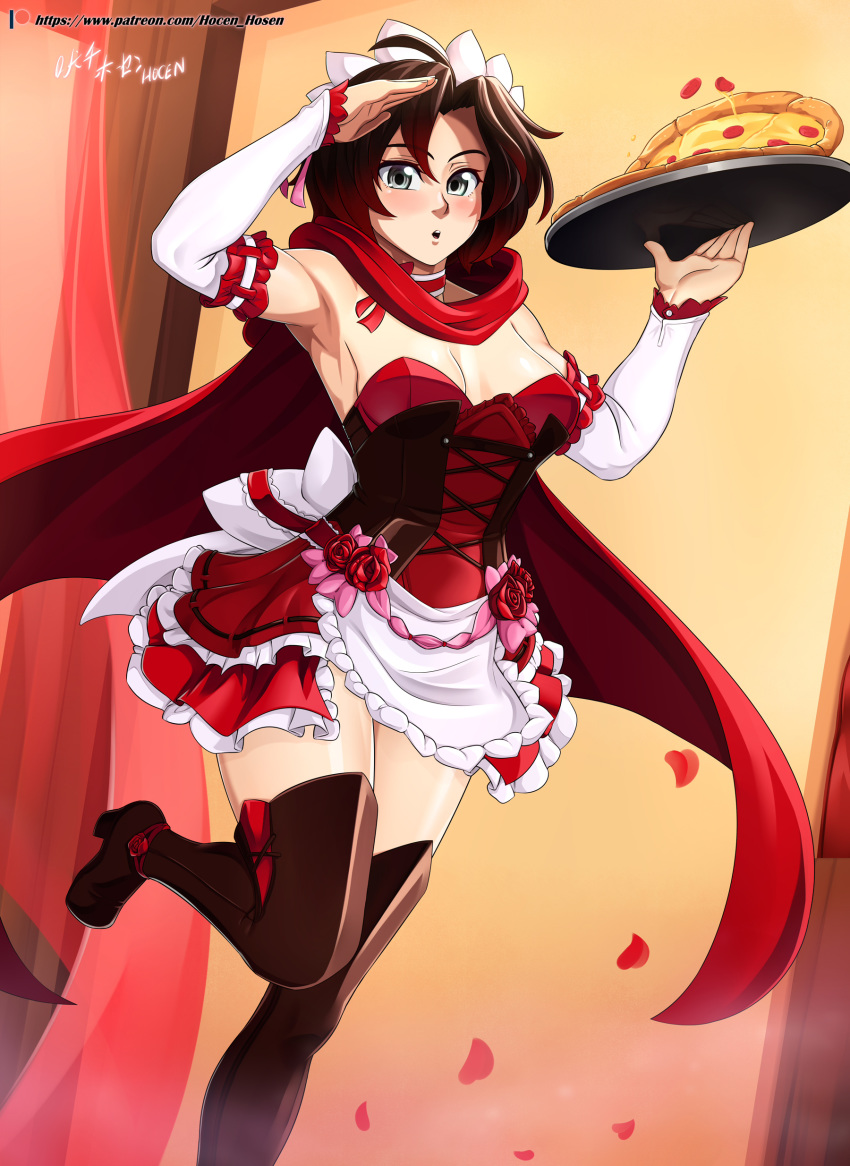 1girl absurdres armpits artist_name bare_shoulders black_hair blush boots breasts choker cloak detached_sleeves eyebrows_visible_through_hair feet_out_of_frame flower food gradient_hair hair_between_eyes high_heels highres holding holding_food holding_pizza holding_tray looking_at_viewer maid maid_headdress medium_breasts multicolored_hair patreon_username pizza redhead rose ruby_rose rwby salute short_hair smile solo standing thigh-highs thigh_boots tray two-tone_hair vilde_loh_hocen watermark web_address