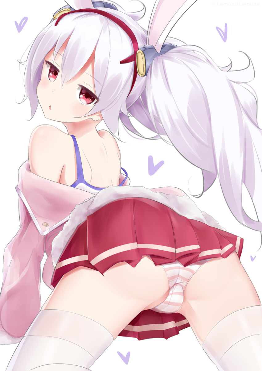 1girl animal_ears ass azur_lane bangs chestnut_mouth commentary_request expressionless eyebrows_visible_through_hair fake_animal_ears from_behind headband heart highres jacket jitome laffey_(azur_lane) lemonolemone light_purple_hair looking_at_viewer miniskirt off_shoulder panties partial_commentary pleated_skirt red_eyes red_skirt shoulder_blades sidelocks simple_background skirt solo striped striped_panties thigh-highs twintails underwear white_background white_legwear