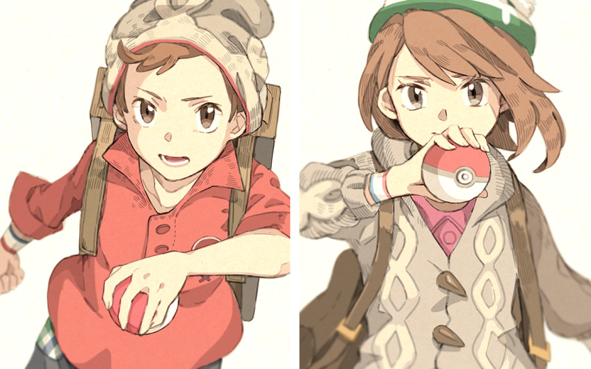 1boy 1girl backpack bag bangs beanie blurry brown_backpack brown_eyes brown_hair buttons cable_knit cardigan collared_dress commentary_request dress gloria_(pokemon) green_headwear grey_cardigan grey_headwear hand_up hat holding holding_poke_ball hooded_cardigan matsuri_(matsuike) open_mouth pink_dress plaid poke_ball poke_ball_(basic) pokemon pokemon_(game) pokemon_swsh red_shirt shirt short_hair sleeves_rolled_up suitcase swept_bangs tam_o'_shanter teeth tongue victor_(pokemon) white_background