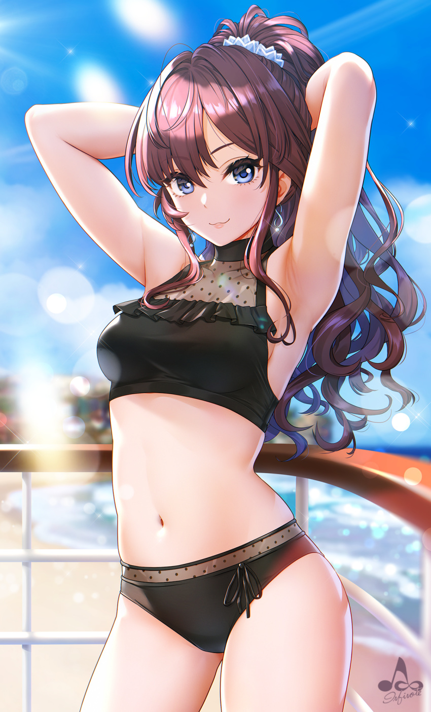 1girl :3 ahoge armpits arms_behind_head arms_up artist_logo bangs beach bikini black_bikini blue_eyes blue_sky blush breasts brown_hair closed_mouth clouds day earrings eyebrows_visible_through_hair hair_between_eyes highres ichinose_shiki idolmaster idolmaster_cinderella_girls idolmaster_cinderella_girls_starlight_stage infinote jewelry lips long_hair looking_at_viewer medium_breasts navel outdoors polka_dot see-through signature sky smile solo standing stomach swimsuit water wavy_hair