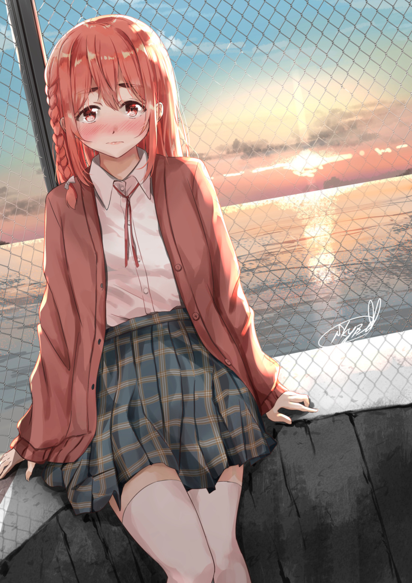 1girl blush braid brown_cardigan cardigan chain-link_fence commentary day diffraction_spikes dutch_angle expressionless eyebrows_visible_through_hair feet_out_of_frame fence gradient_sky hair_between_eyes highres horizon kanojo_okarishimasu lips medium_hair open_cardigan open_clothes outdoors plaid plaid_skirt redhead reflective_water sakurasawa_sumi school_uniform shirt signature single_braid sitting skirt sky sleeves_past_wrists solo soragane_(banisinngurei) sunrise tareme thick_eyebrows thigh-highs water white_legwear white_shirt