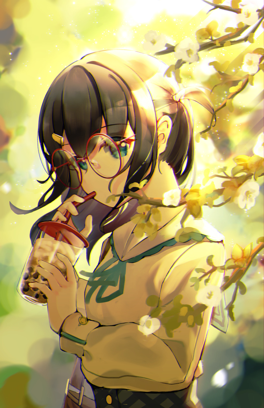 1girl absurdres bag bendy_straw black_hair blue_eyes blue_ribbon blurry blurry_background commentary_request cup depth_of_field disposable_cup drinking_straw flower glasses grey_skirt highres holding holding_cup long_hair long_sleeves looking_at_viewer neck_ribbon one_side_up original puffy_long_sleeves puffy_sleeves red-framed_eyewear ribbon round_eyewear sailor_collar sasatabekung school_uniform serafuku shirt shoulder_bag skirt solo tree_branch white_flower white_sailor_collar white_shirt