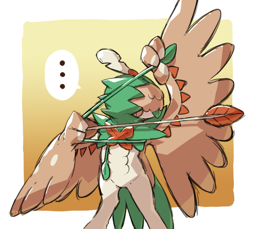 ... arm_up arrow_(projectile) bird bow_(weapon) commentary_request decidueye drawing_bow feet_out_of_frame gen_7_pokemon highres legs_apart no_humans owl pokemon pokemon_(creature) rowlet speech_bubble spoken_ellipsis starter_pokemon taisa_(lovemokunae) weapon wings