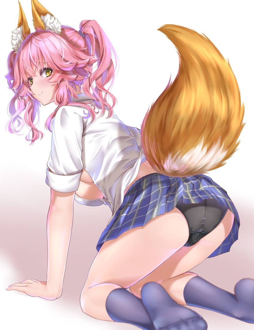 1girl absurdres all_fours animal_ear_fluff animal_ears ass bangs black_panties blue_skirt blush breasts closed_mouth collared_shirt dress_shirt fate/extra fate_(series) fox_ears fox_girl fox_tail grey_legwear highres kamehito kneehighs large_breasts long_hair looking_at_viewer looking_back panties pink_hair shirt sidelocks skirt sleeves_rolled_up smile tail tamamo_(fate)_(all) tamamo_no_mae_(fate) twintails underwear white_shirt yellow_eyes