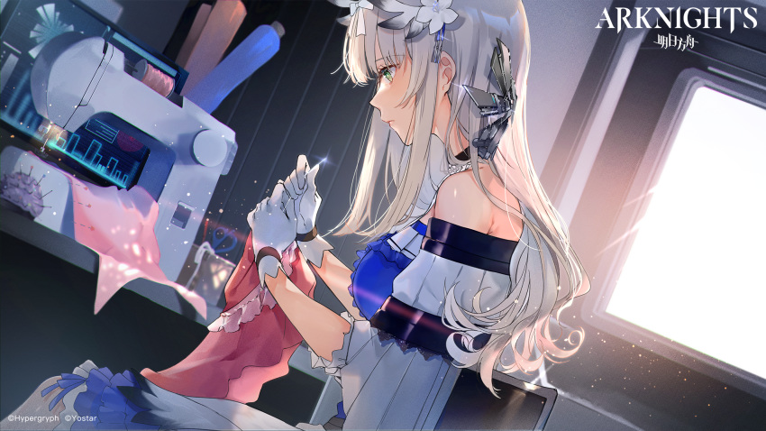 1girl arknights bangs bare_shoulders bibeak_(arknights) blue_dress blue_flower blue_rose breasts copyright_name dress dutch_angle eyebrows_visible_through_hair flower from_side gloves grey_eyes hair_flower hair_ornament highres holding indoors long_hair medium_breasts miwano_ragu off-shoulder_dress off_shoulder profile rose sewing sewing_machine short_sleeves silver_hair solo upper_body white_gloves