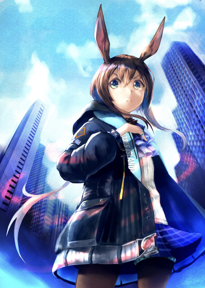 1girl absurdres amiya_(arknights) animal_ears arknights artist_request brown_hair city cityscape green_eyes highres jacket long_hair pantyhose ponytail rabbit_ears solo