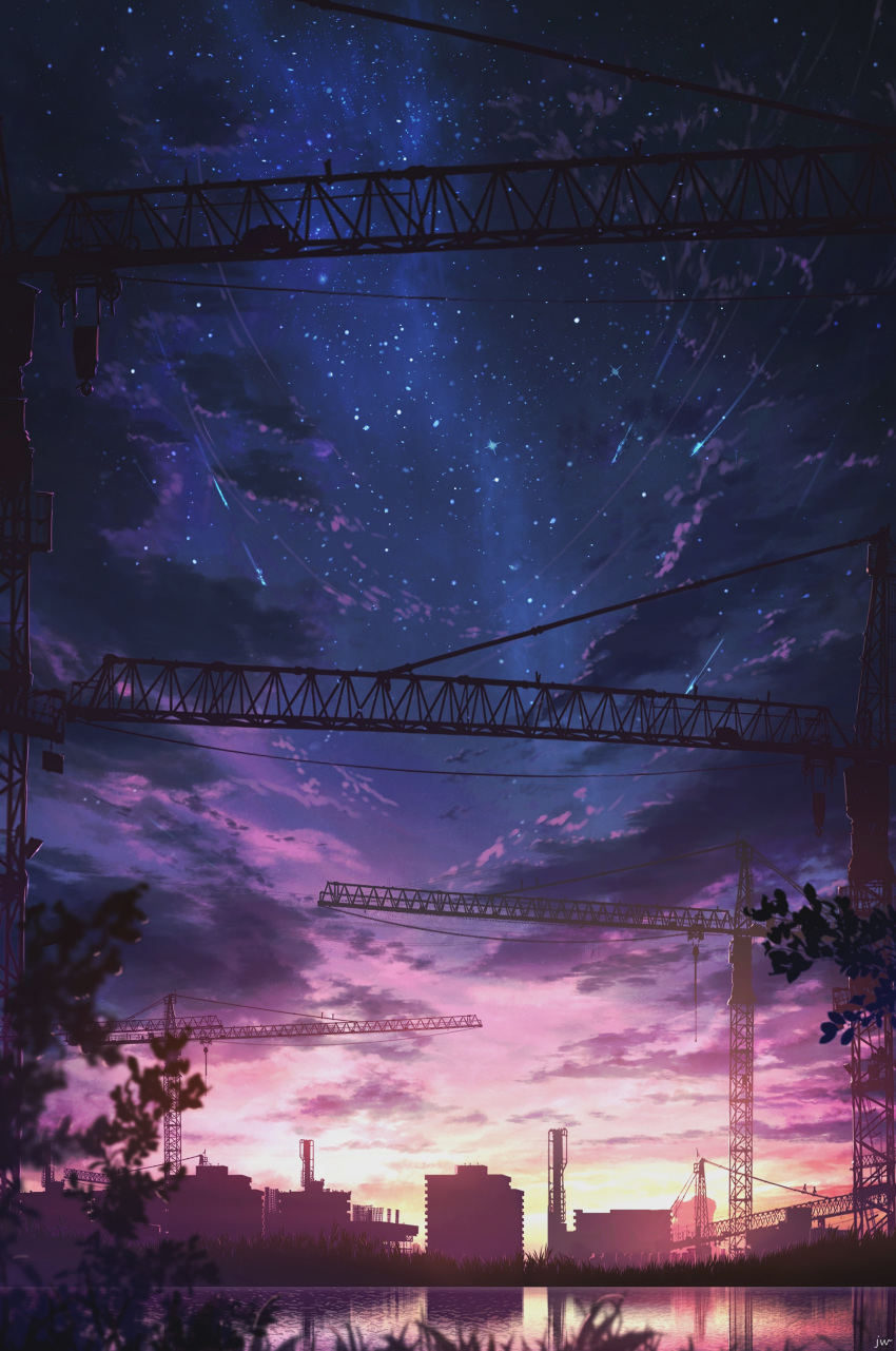 absurdres clouds commentary_request crane_(machine) grass highres house leaf no_humans original outdoors reflection scenery shooting_star sky skyline skyrick9413 star_(sky) starry_sky sunset water