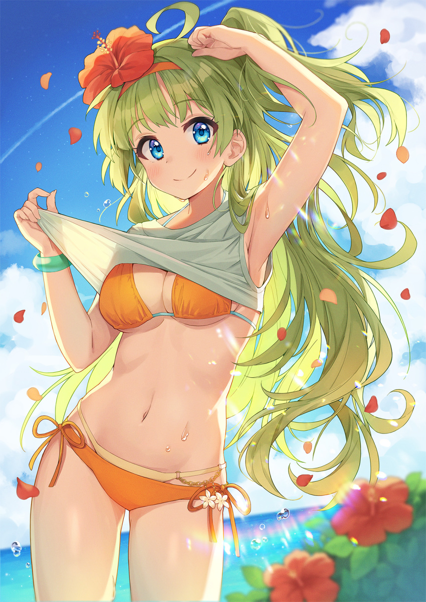 1girl ahoge arm_up armpits bangs bikini blue_eyes blue_sky blurry_foreground breasts chain chobi_(penguin_paradise) closed_mouth clouds cloudy_sky commentary_request cowboy_shot day eyebrows_visible_through_hair flower flying_sweatdrops gold_chain green_hair hair_flower hair_ornament hairband hand_up hibiscus highres holding horizon idolmaster idolmaster_million_live! jewelry large_breasts layered_bikini lifted_by_self light_blush long_hair looking_at_viewer navel o-ring ocean orange_bikini orange_hairband outdoors petals shimabara_elena shirt shirt_lift side-tie_bikini sky sleeveless sleeveless_shirt smile solo sweat swimsuit thighs under_boob very_long_hair water yellow_bikini