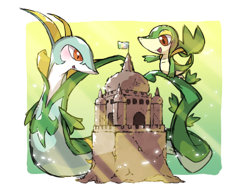 blush commentary_request flag gen_5_pokemon hand_up happy highres looking_down open_mouth orange_eyes outstretched_hand pokemon pokemon_(creature) sand_castle sand_sculpture serperior smile snake snivy starter_pokemon taisa_(lovemokunae) tongue