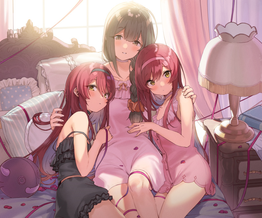 3girls backlighting bangs bare_arms bare_shoulders bed bed_frame black_hairband blush book braid camisole choker closed_mouth collarbone curtains drawer eyebrows_visible_through_hair hair_ornament hair_over_shoulder hair_scrunchie hairband hand_on_another's_shoulder head_mounted_display head_tilt highres idolmaster idolmaster_shiny_colors indoors kanzarin_(hoochikiss) knee_up kuwayama_chiyuki lamp long_hair lying multiple_girls nightgown nightstand on_back on_bed on_side oosaki_amana oosaki_tenka parted_lips pillow pink_choker pink_hairband redhead scrunchie siblings single_braid sisters sleeveless smile strap_slip swept_bangs twins very_long_hair window yellow_eyes