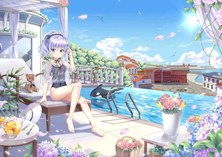 1girl absurdres barefoot basket blue_eyes blue_hair breasts building chair chinese_commentary clouds commentary_request covered_navel cup drink drinking_glass feet flower food fruit hat headwear_removed highres holding holding_hair horizon ice inflatable_orca inflatable_toy knee_up legs lemon long_hair okazakileo one-piece_swimsuit outdoors petals ponytail pool poolside sailor_collar school_swimsuit see-through shirt sigsbee_(warship_girls_r) sitting sky smile solo stuffed_animal stuffed_toy sun_hat swimsuit table teapot teddy_bear thighs toes warship_girls_r water white_headwear